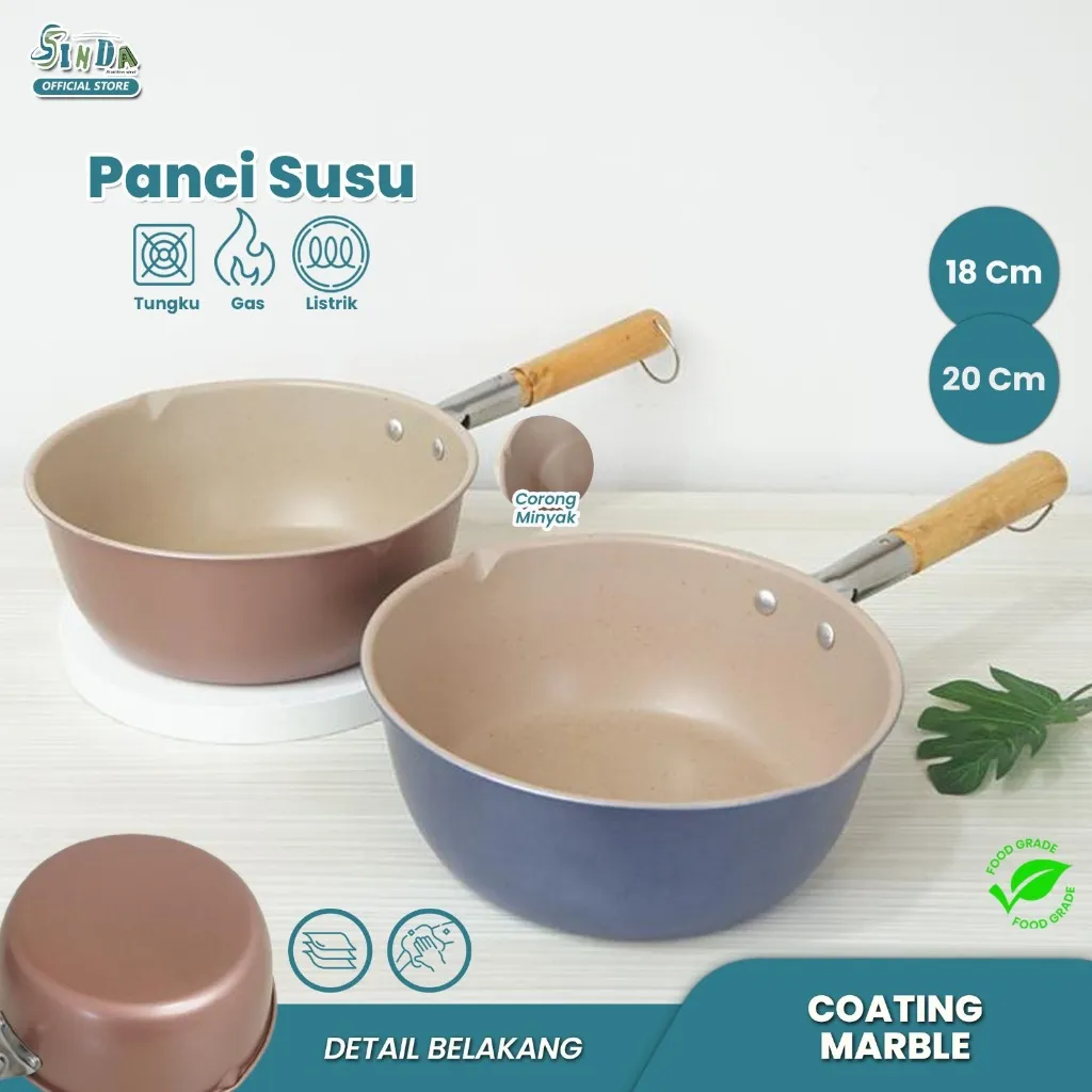 Sinda Panci Susu Anti lengket Panci Marble Penggorengan Masak Mie 18cm & 20cm Gagang Kayu - image 1